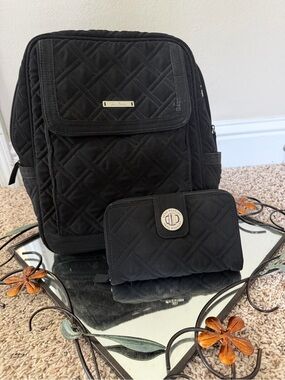 Vera Bradley Black Quilted Backpack and Wallet Set rare pattern